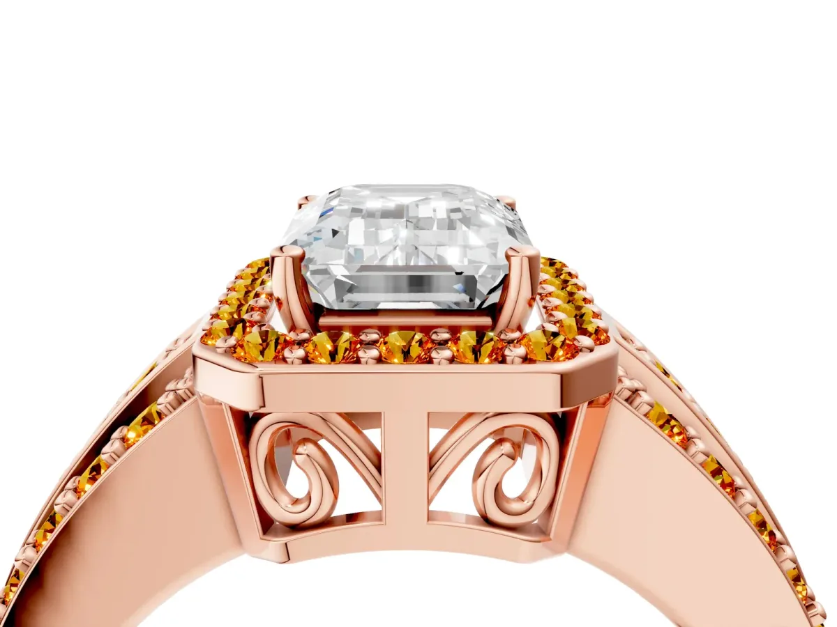 Emerald Cut Halo Diamond Ring with Round Citrine Split Shank and Prong Setting Rose gold