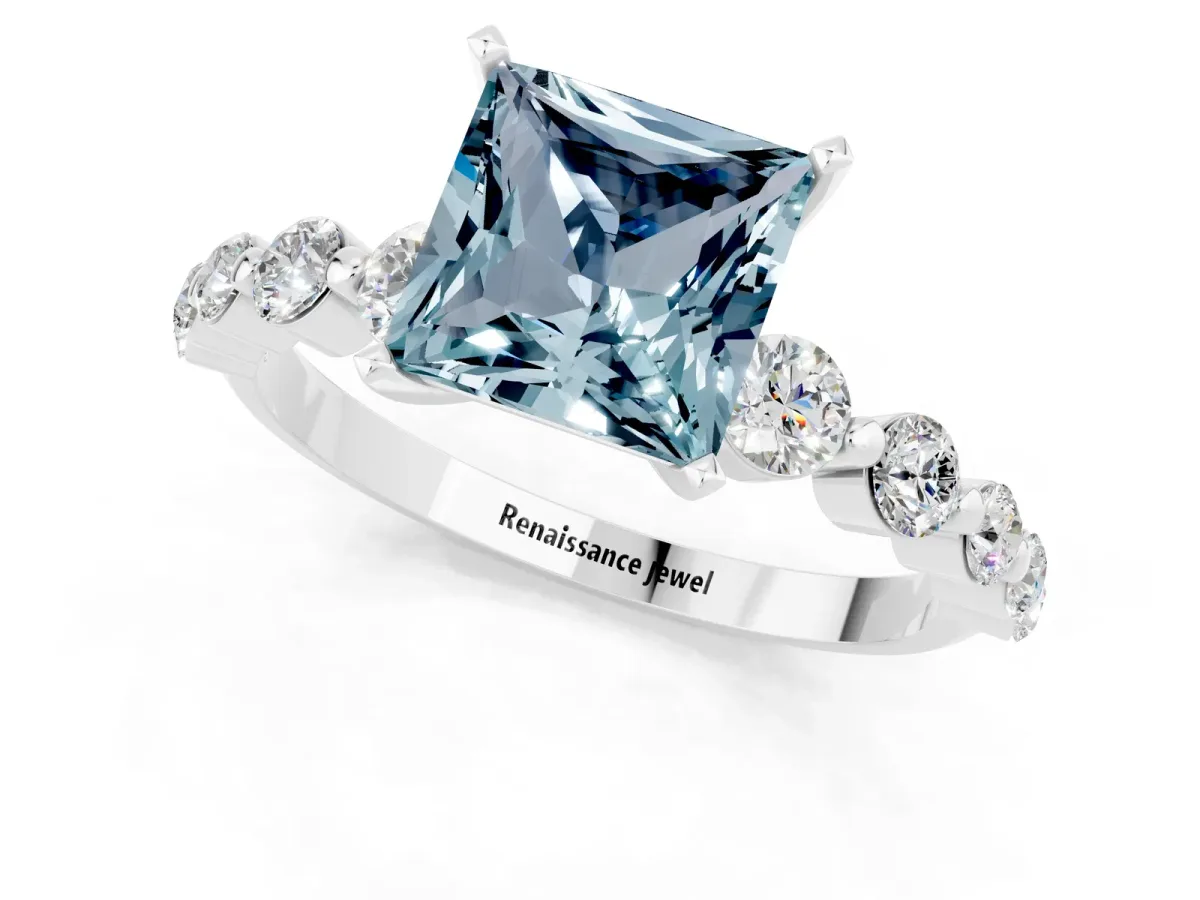 Princess Cut Solitaire Aquamarine Ring with Pave Band and Four-Prong Setting Silver