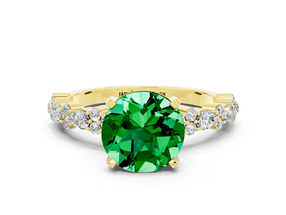 Round Cut Emerald Side Stone Solitaire Ring with Round and Four-Prong Setting Yellow gold