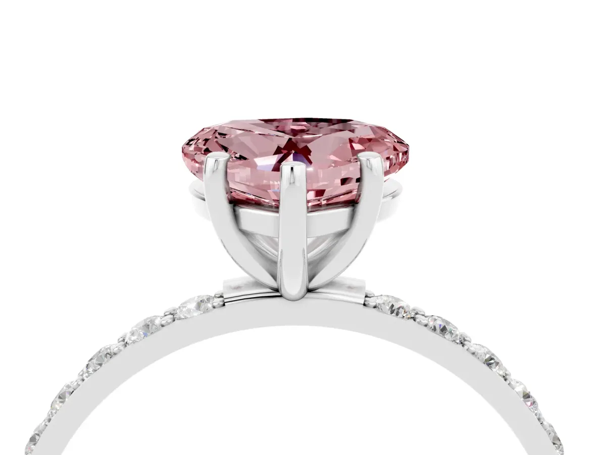 Heart Cut Morganite Solitaire Ring with Round Pavé Band and Prong Setting Silver
