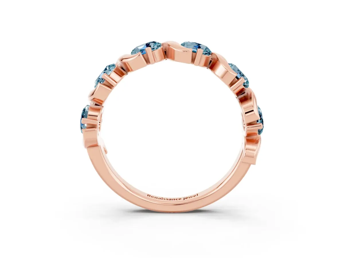 Round Aquamarine Half Eternity Band with Wave Prong Setting Rose gold