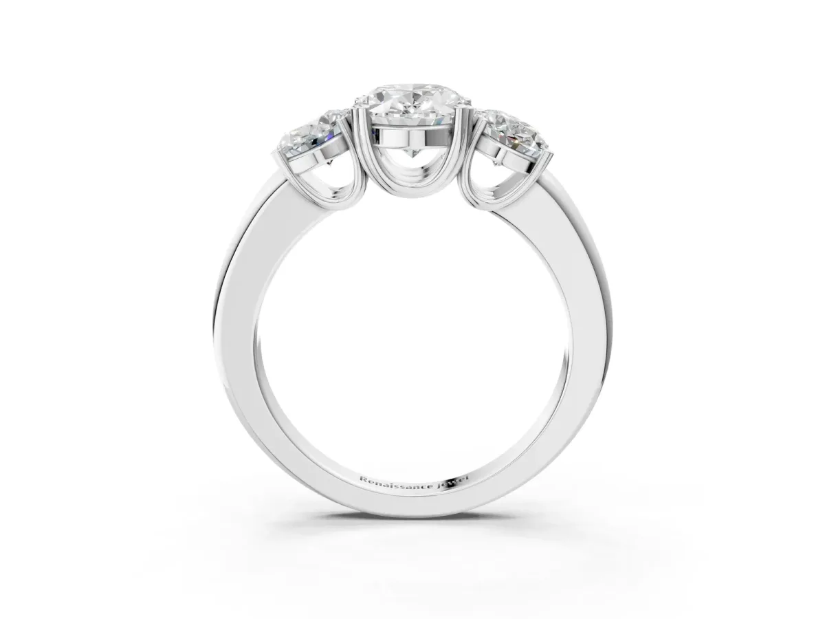 Three-Stone Emerald Cut Cut Diamond Ring with Channel Set Band and Four-Prong Setting White gold