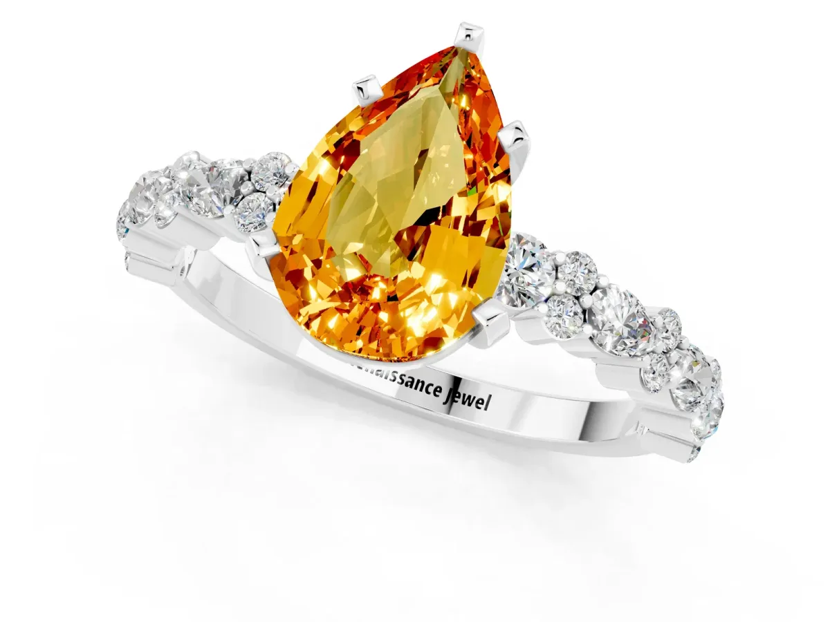 Pear Cut Citrine Side Stone Solitaire Ring with Round and Four-Prong Setting Platinum