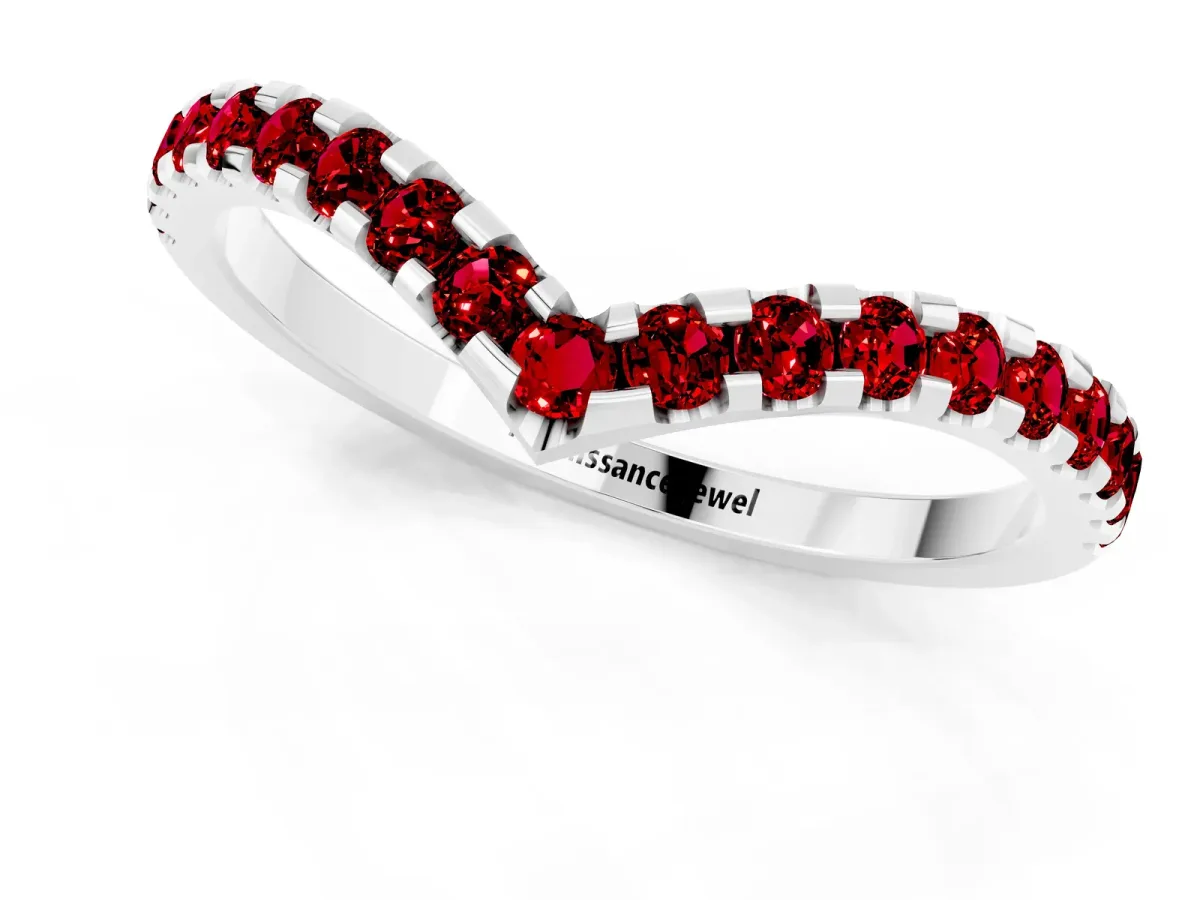 Pavé Round Ruby Chevron Band with Shared Prong Setting Silver
