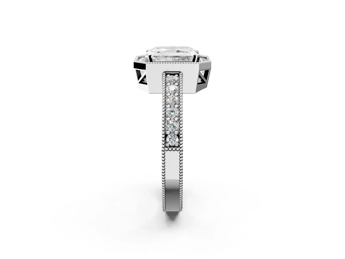 Radiant Cut Cut Halo Diamond Pave Band Ring with Four-Prong Setting Platinum