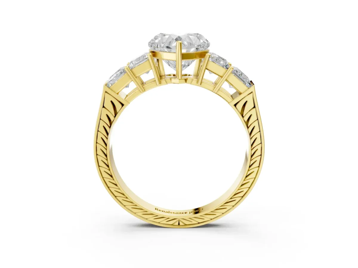 Heart Cut Solitaire Princess Side Stone Engraved Band Prong Setting Ring Yellow gold