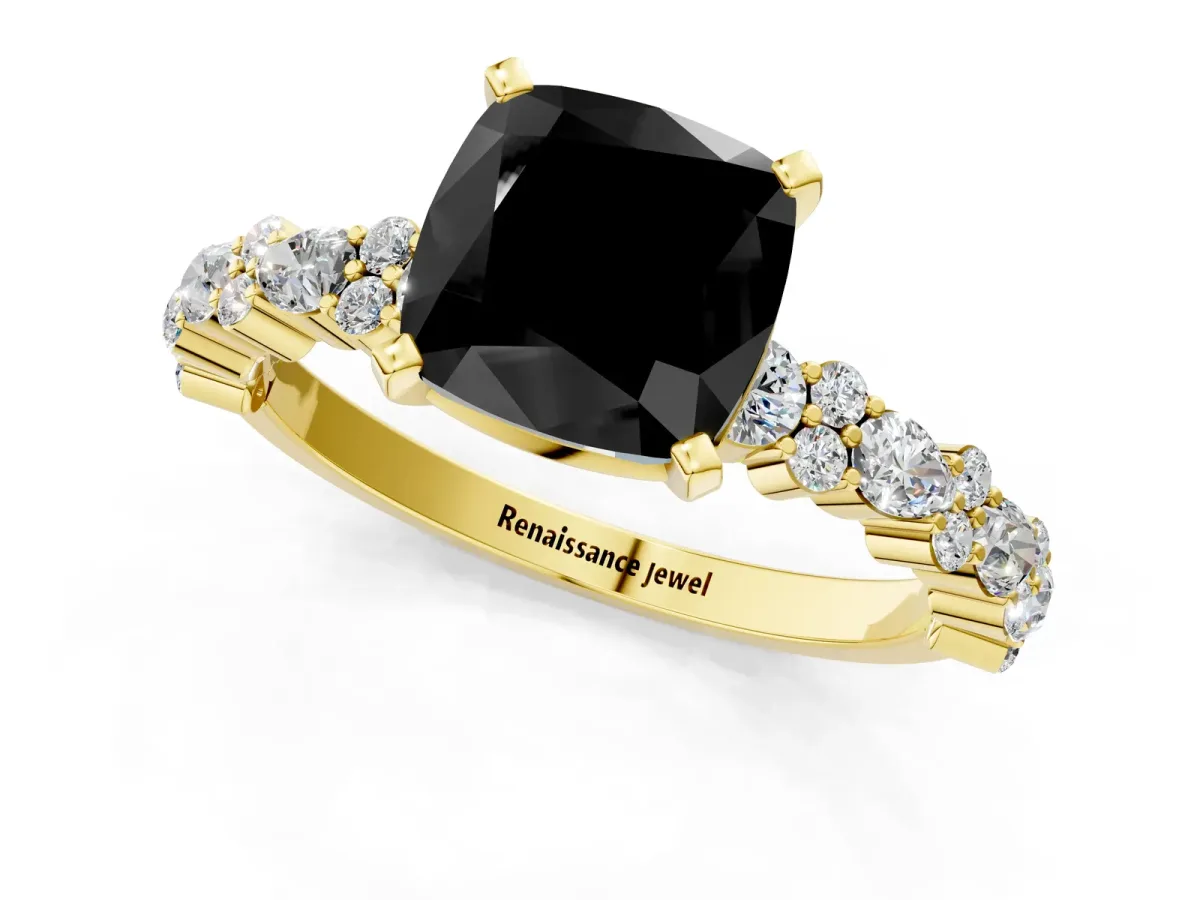 Fancy Black Cushion Cut Diamond Side Stone Solitaire Ring with Round and Four-Prong Setting Yellow gold