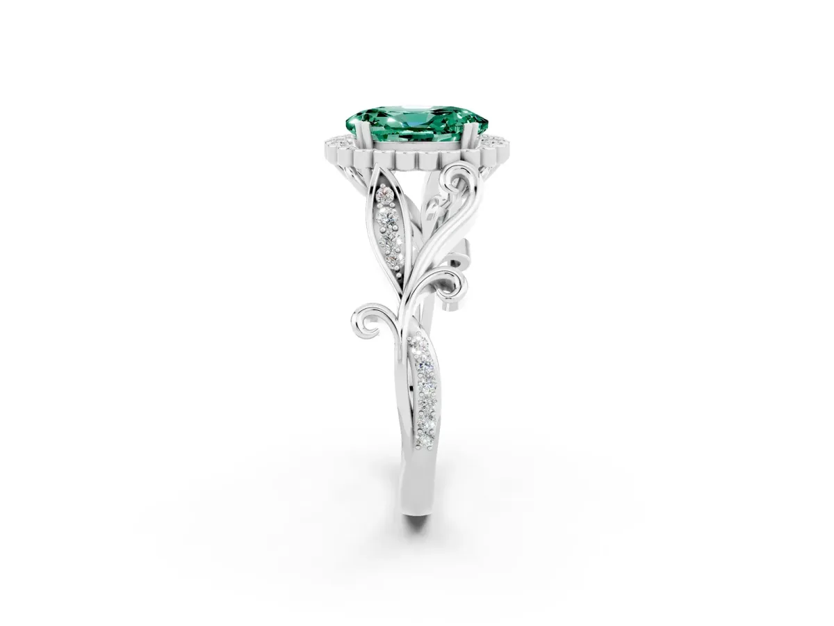 Oval Cut Green Sapphire Halo Ring with Vintage Split Shank and Four-Prong Setting Silver