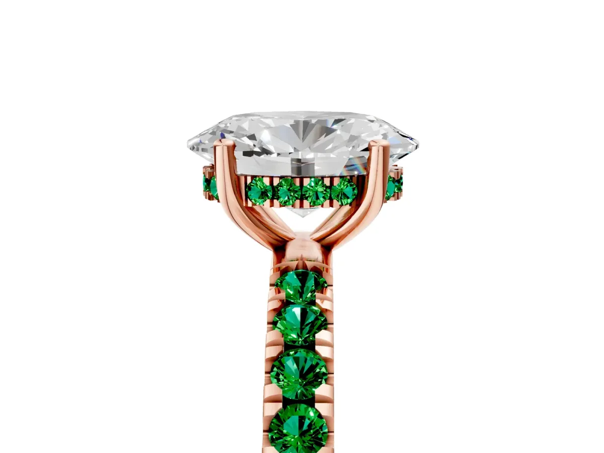 Oval Cut Diamond Pave Band Solitaire Ring with Round Emerald and Prong Setting Rose gold