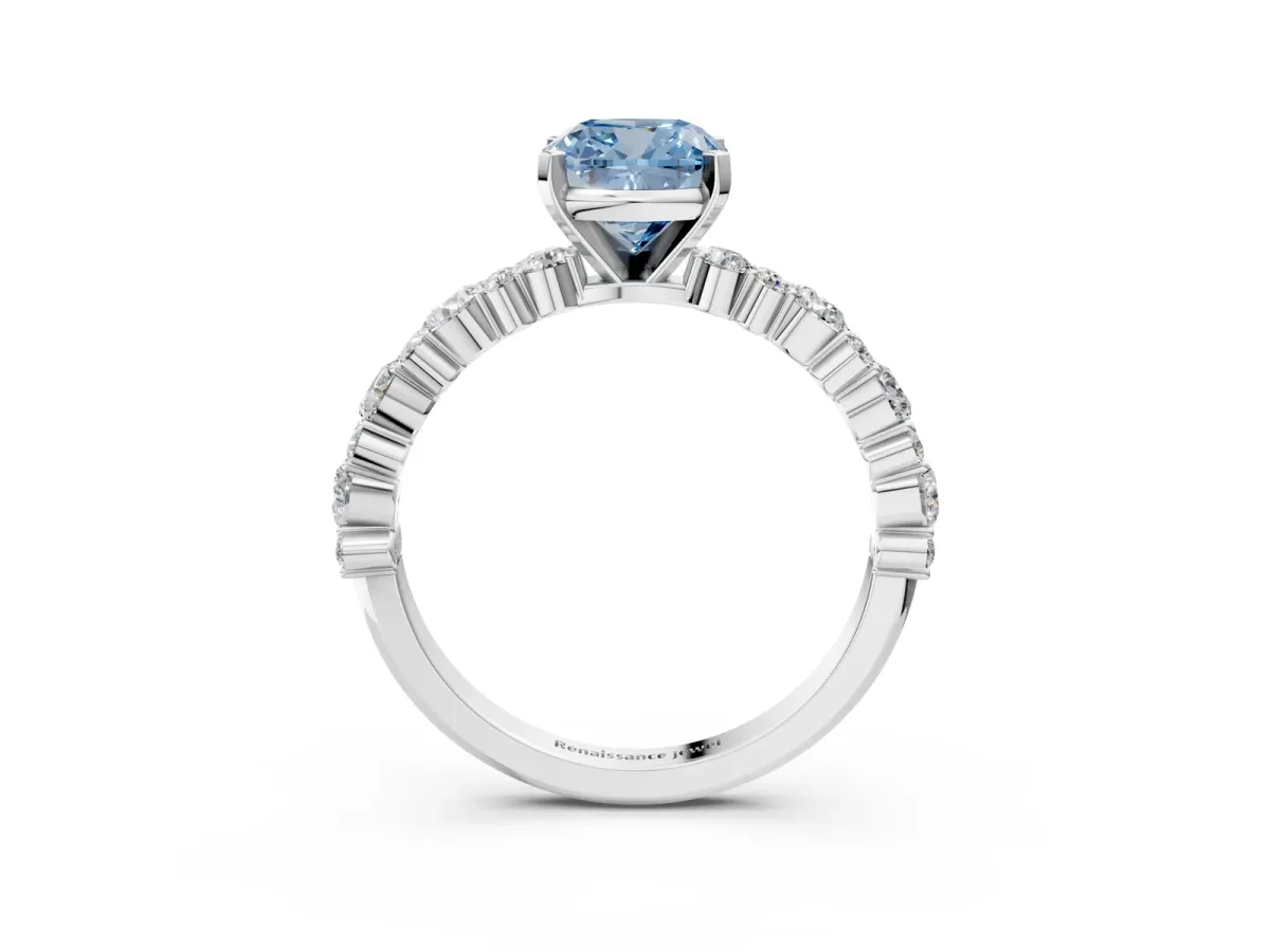 Fancy Blue Cushion Cut Diamond Side Stone Solitaire Ring with Round and Four-Prong Setting White gold