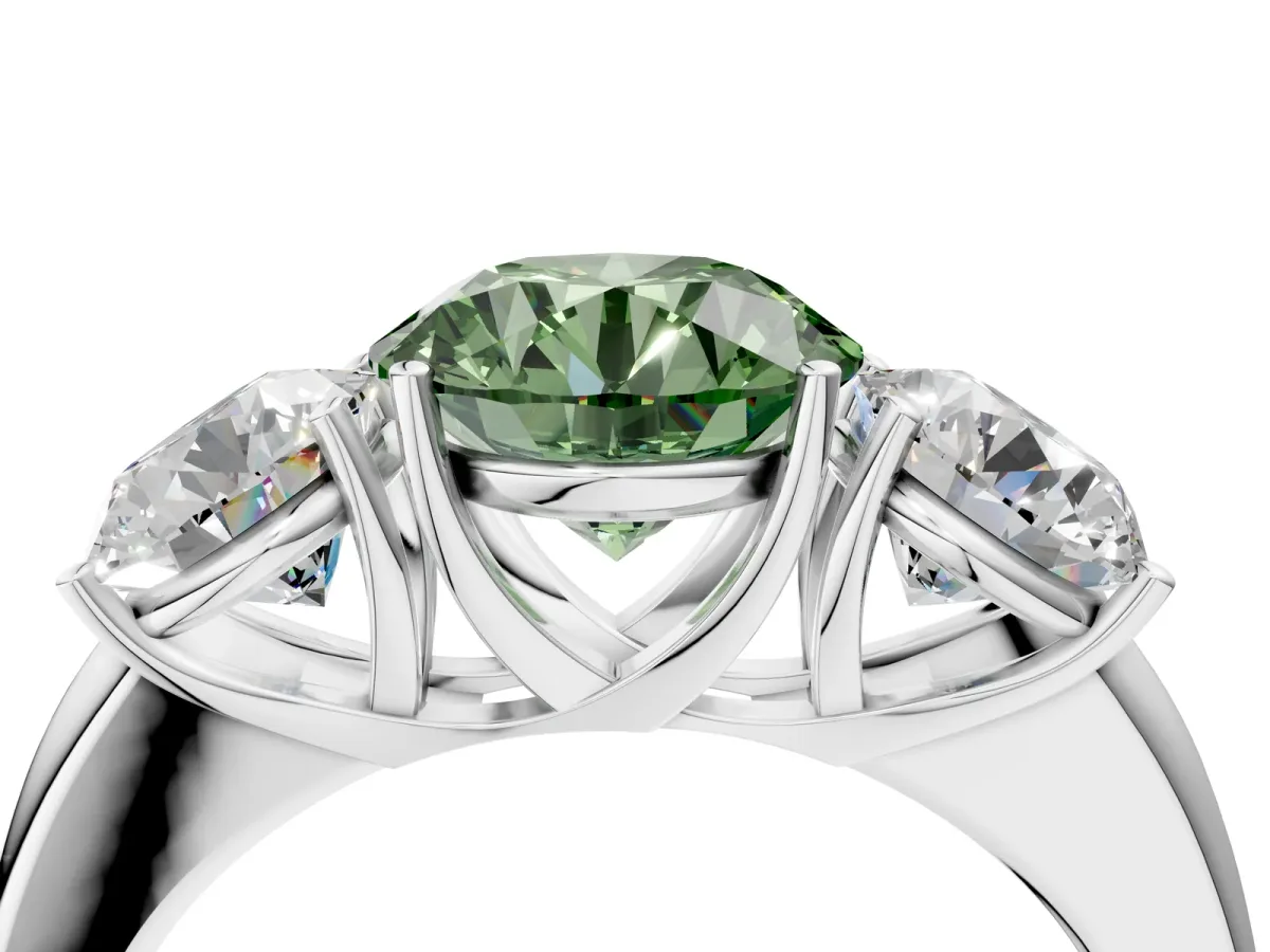 Fancy Green Round Cut Diamond Three-Stone Ring with Four-Prong Setting and Classic Band Platinum