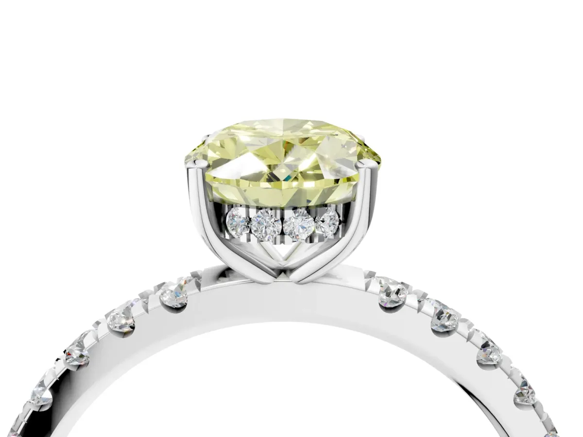 Fancy Yellow Oval Cut Diamond Pave Band Solitaire Ring with Round and Prong Setting Platinum