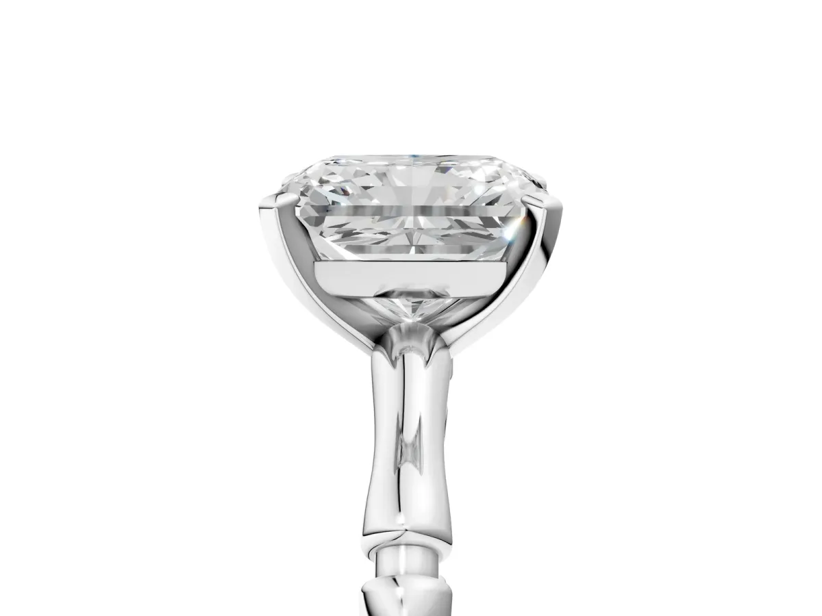 Radiant Cut Solitaire Diamond Ring with Bamboo Band and Four-Prong Setting Platinum