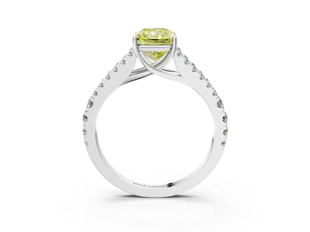 Fancy Yellow Radiant Cut Diamond Split Shank Pavé Engagement Ring with Four-Prong Setting White gold
