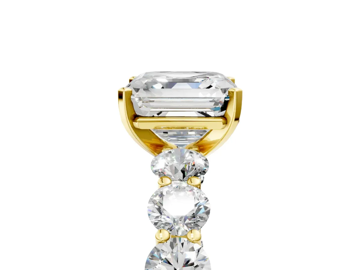 Asscher Cut Diamond Prong Setting with Side Stones on a Pave Band Yellow gold