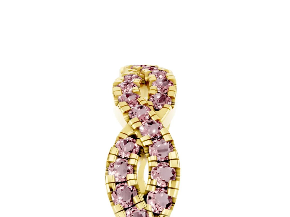 Round Morganite Twisted Eternity Band with Pavé and Shared Prong Setting Yellow gold