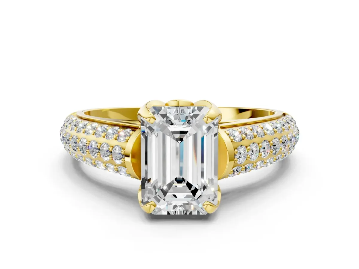 Emerald Cut Diamond Solitaire Ring with Three-Row Pavé Band and Four-Prong Setting Yellow gold