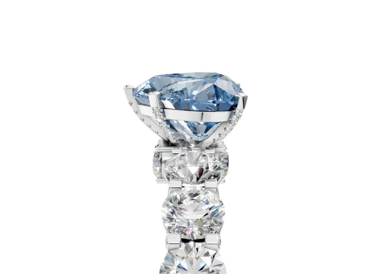 Fancy Blue Heart Cut Diamond Side Stone Engagement Ring with Four-Prong Setting White gold