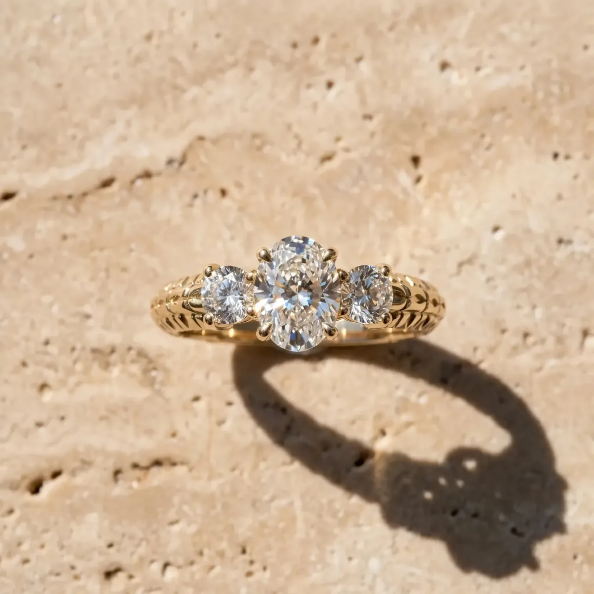 Three-Stone Oval Cut Cut Diamond Ring with Channel-Set Band and Prong Setting Yellow gold
