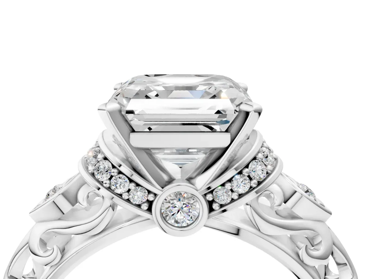 Asscher Cut Diamond Solitaire Ring with Filigree Band and Four-Prong Setting Platinum