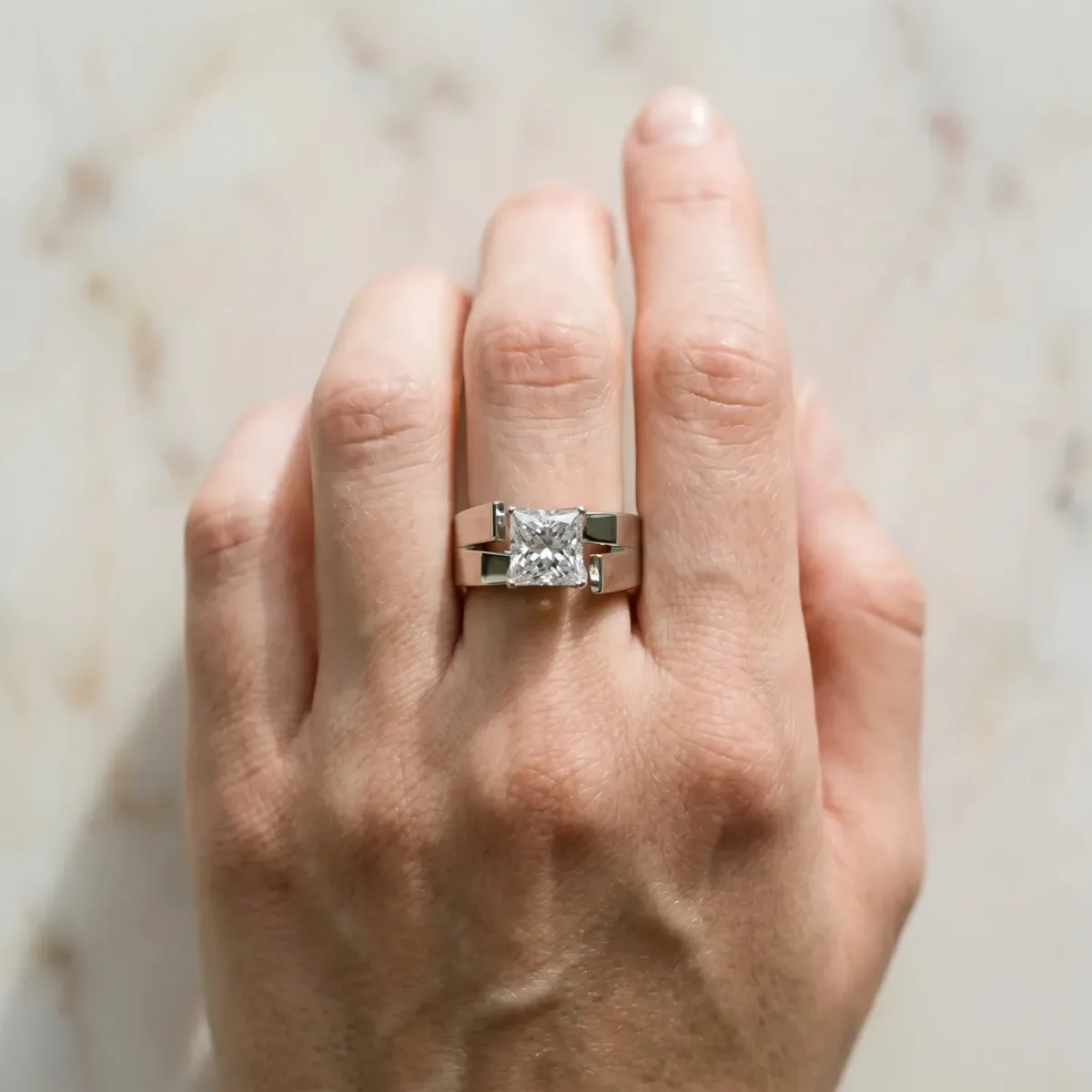 Modern Tension Set Princess Cut Diamond Solitaire Wide Band Ring Silver