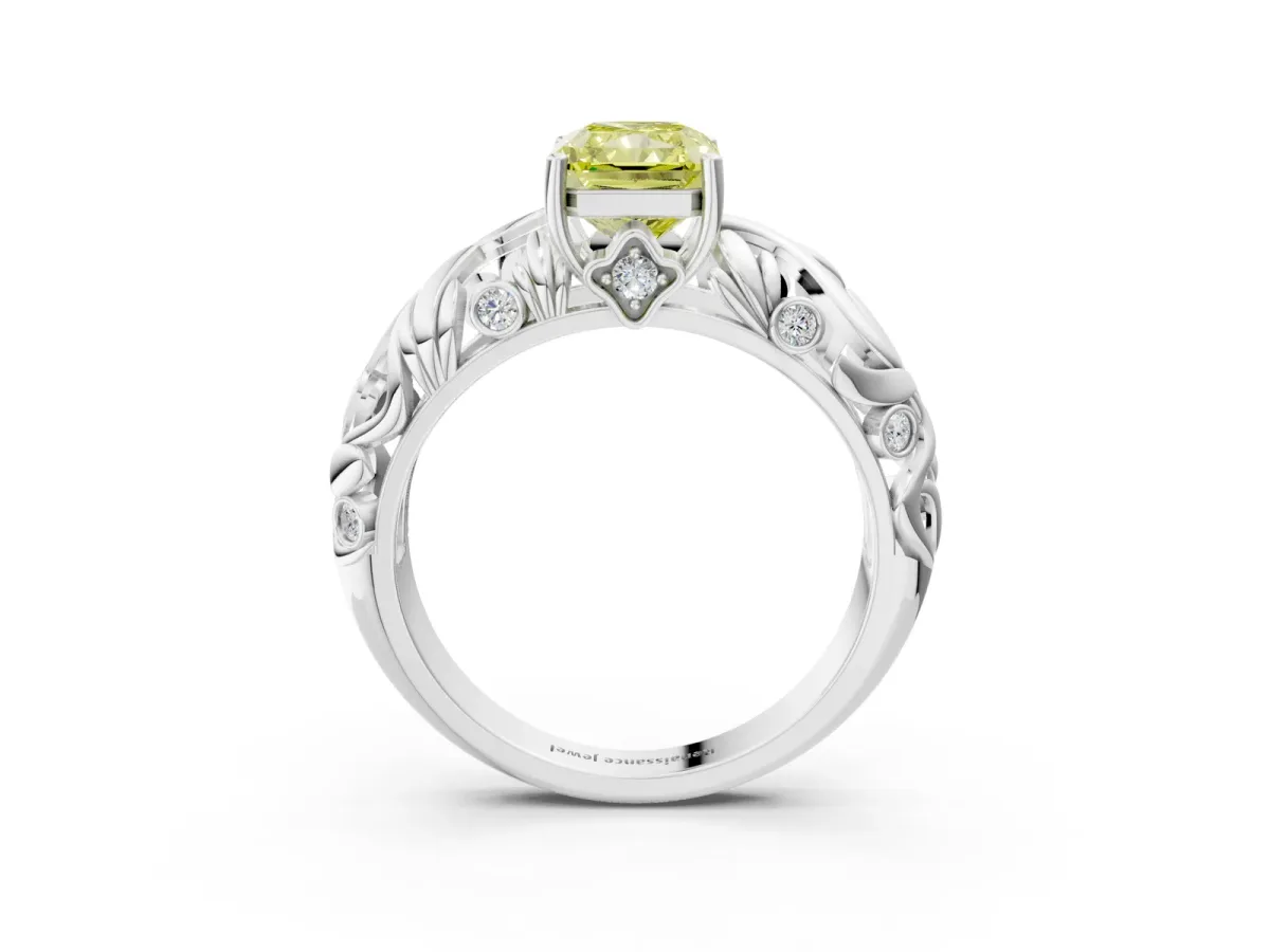 Fancy Yellow Radiant Cut Solitaire Diamond Leaf-Inspired Vine Band Ring with Prong Setting Platinum