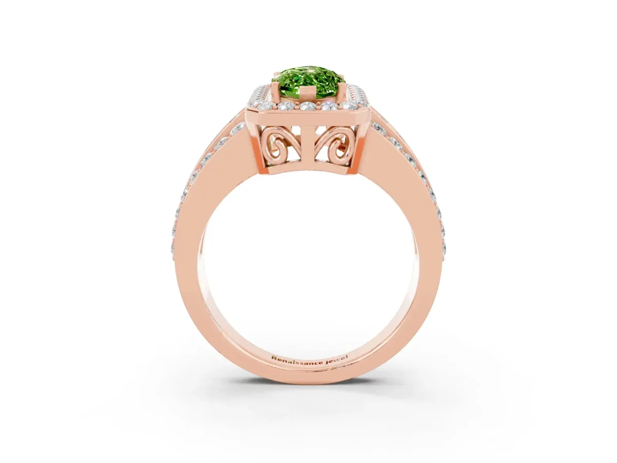 Marquise Cut Halo Peridot Ring with Round Split Shank and Prong Setting Rose gold