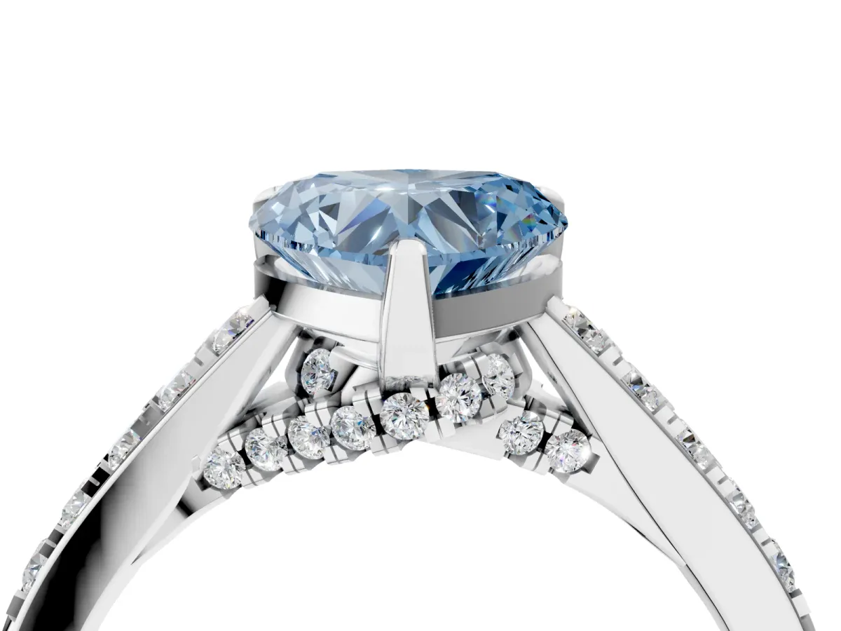 Fancy Blue Heart Cut Diamond Solitaire Ring with Crossover Gallery and Round Pavé Band Silver