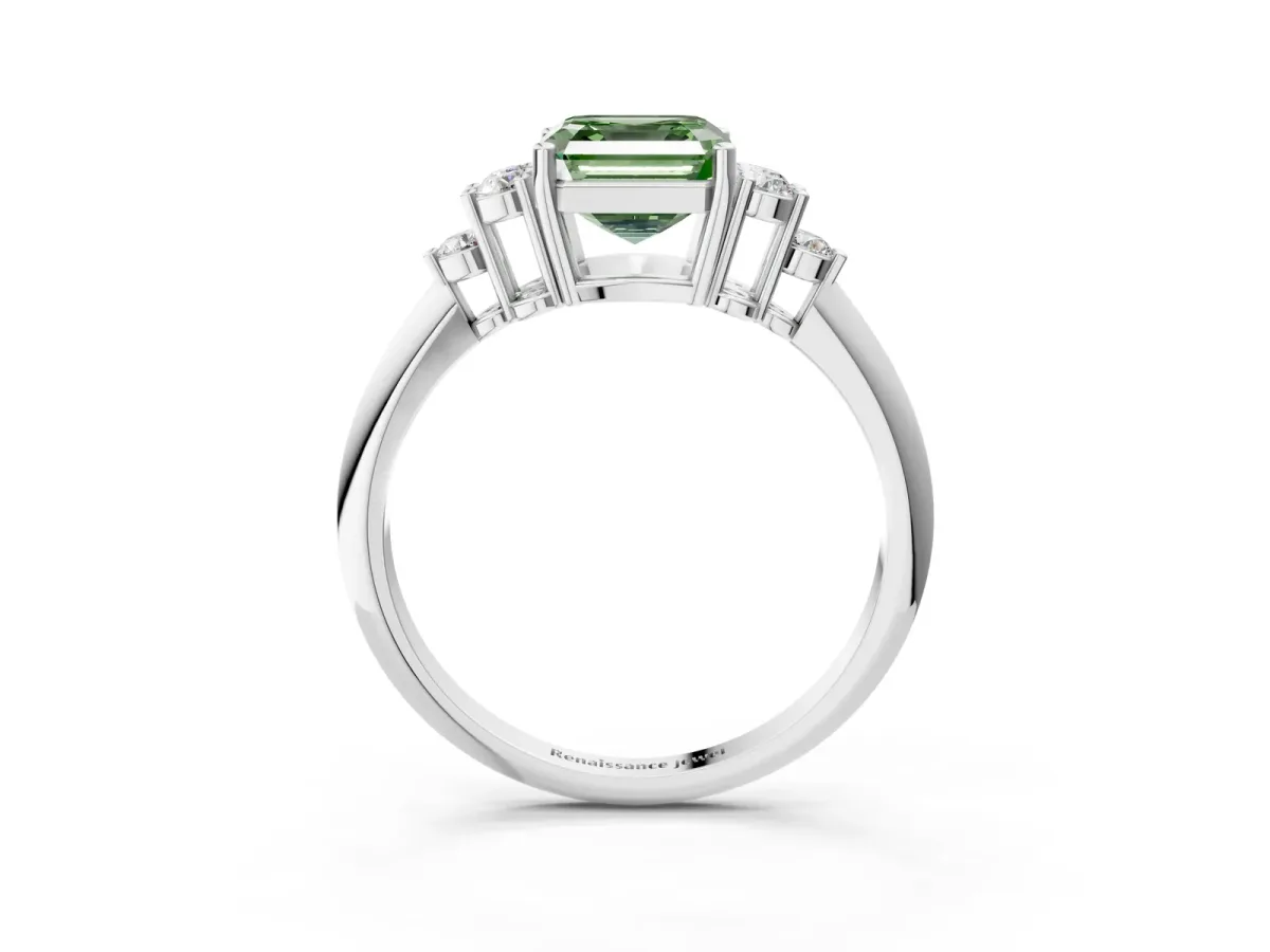 Fancy Green Asscher Cut Cut Diamond Cluster Ring with Solitaire Band and Four-Prong Setting Platinum