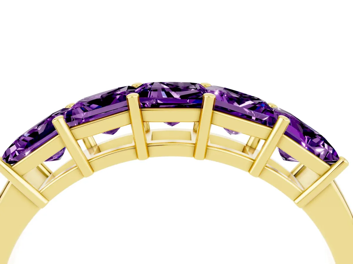 Princess Cut Five-Stone Amethyst Band with Prong Setting Yellow gold