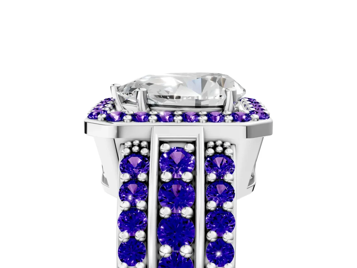 Pear Cut Halo Diamond Ring with Round Tanzanite Split Shank and Prong Setting Silver