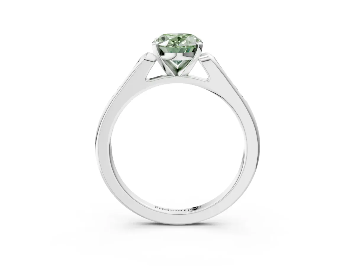Fancy Green Oval Cut Diamond Solitaire Ring with Channel Set Round Band and Prong Setting Silver