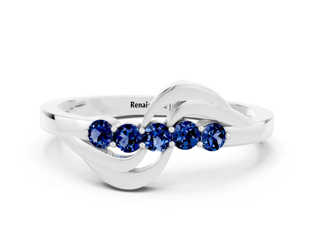 Five-Stone Round Blue Sapphire Crossover Band with Prong Setting White gold
