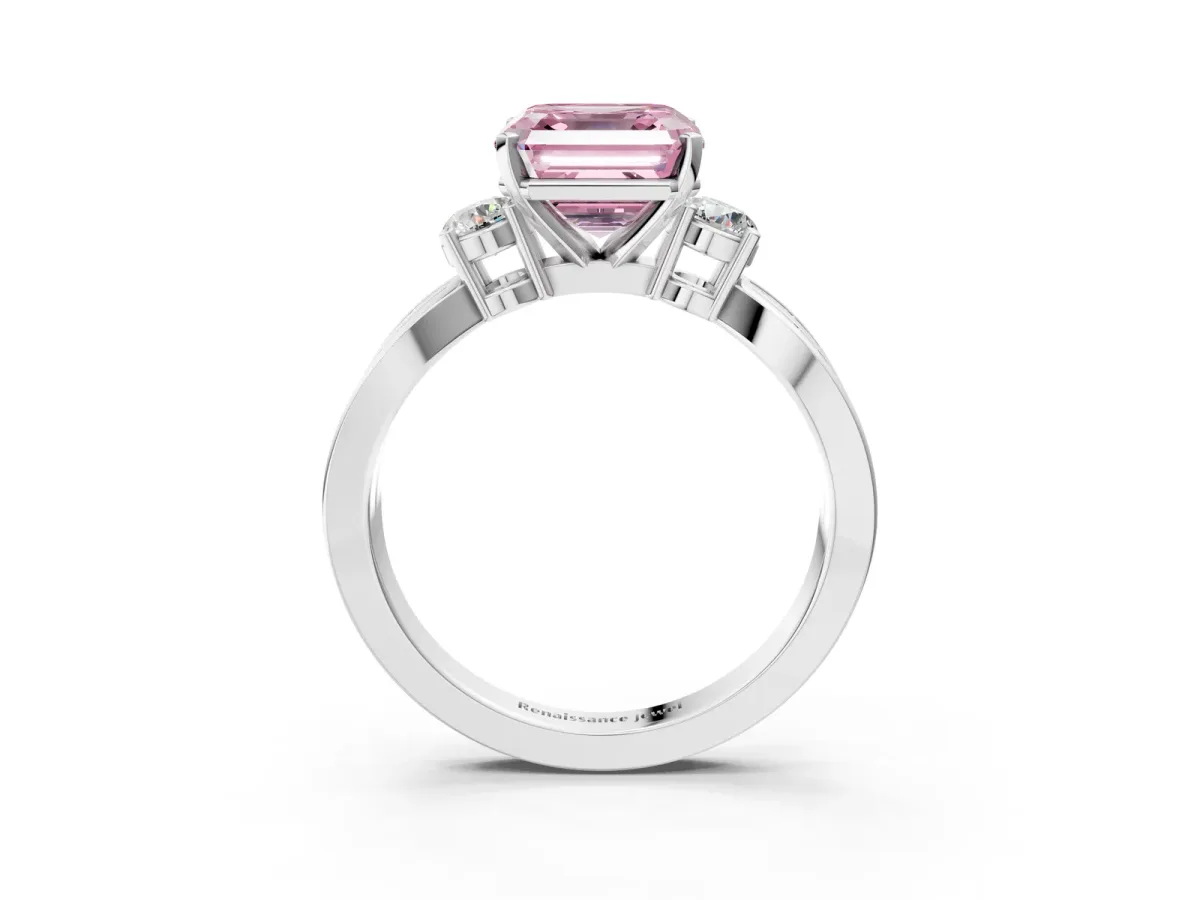 Fancy Pink Three-Stone Asscher Cut Cut Diamond Twist Band with Prong Setting Platinum
