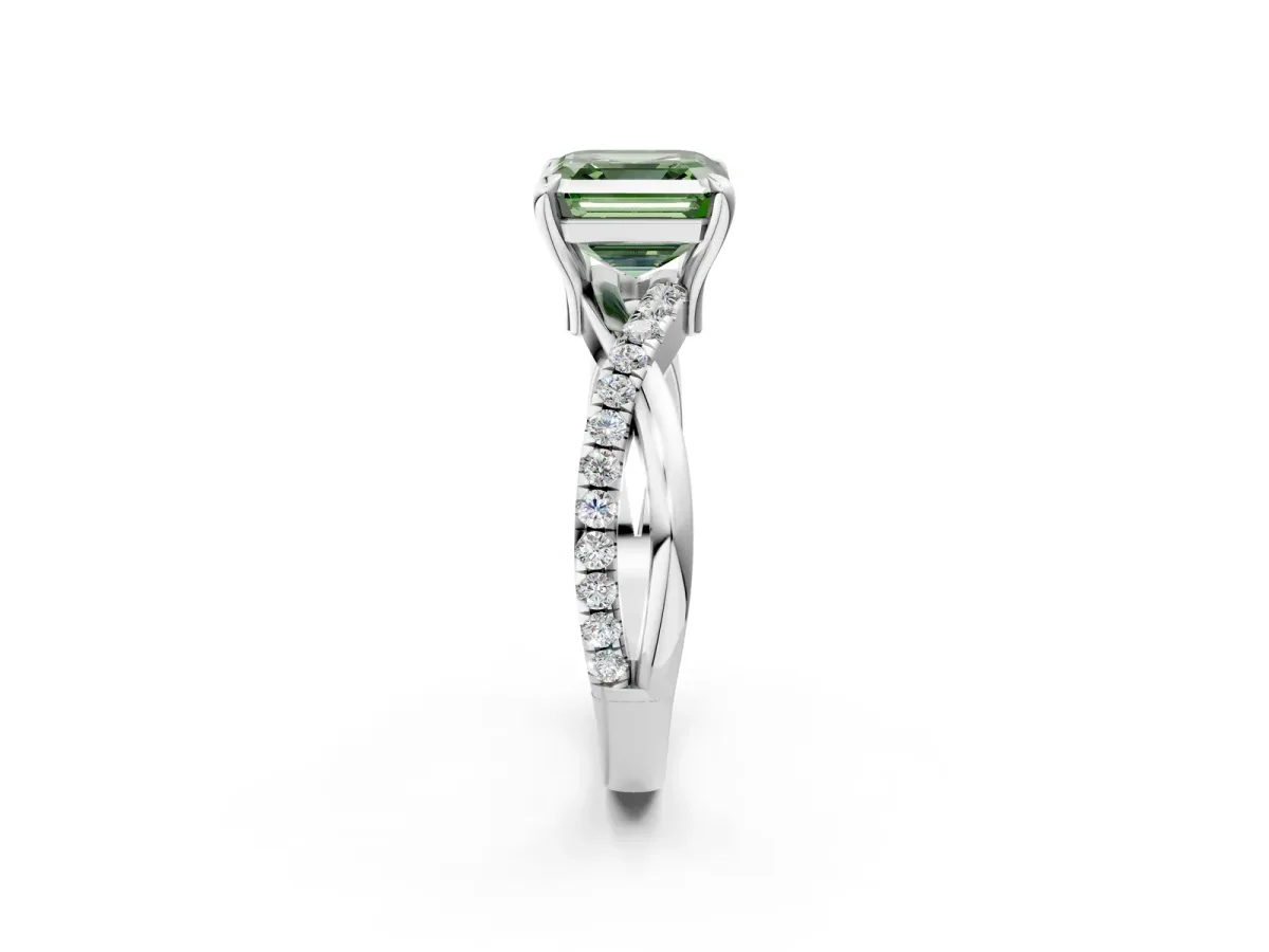 Fancy Green Asscher Cut Cut Twist Band Solitaire Diamond Ring with Pavé Setting Platinum