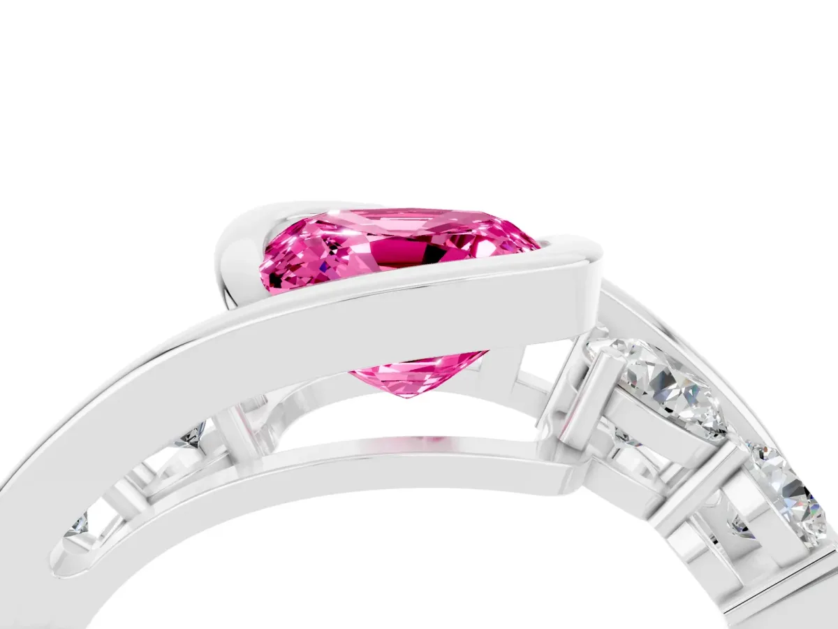 Bezel Set Cushion Cut Pink Sapphire Bypass Ring with Round Accents Silver