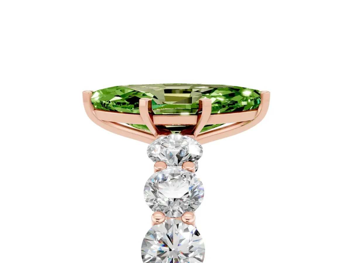 Marquise Cut Peridot Prong Setting with Side Stones on a Pave Band Rose gold