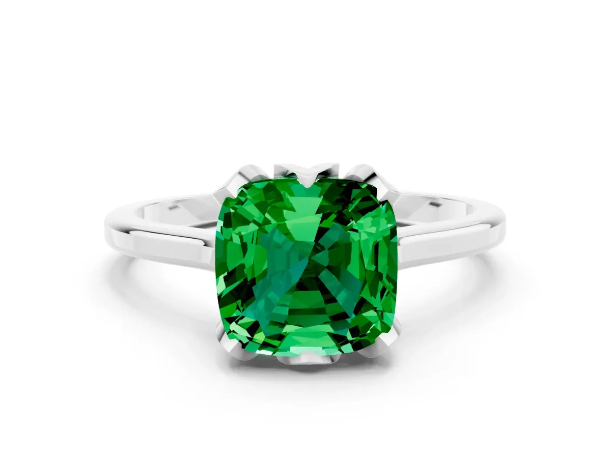 Cushion Cut Emerald Solitaire Ring with Flower Prong Setting and Classic Band White gold