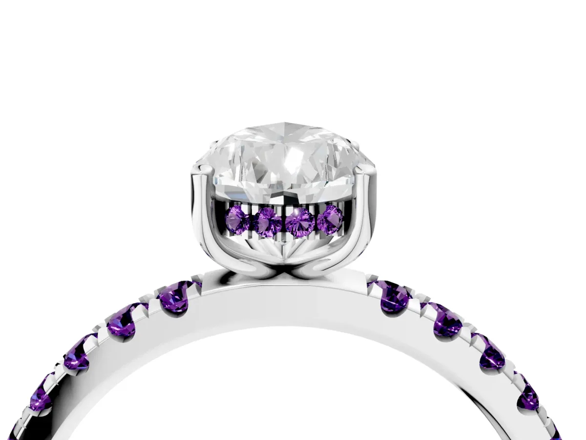 Pear Cut Diamond Pave Band Solitaire Ring with Round Amethyst and Prong Setting Silver