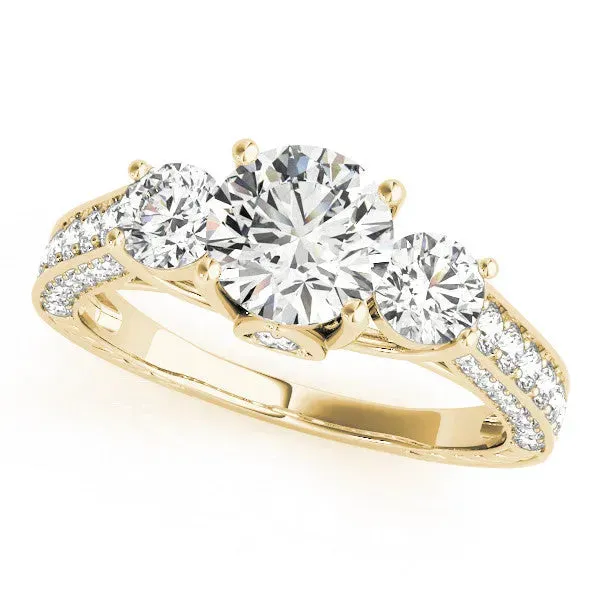 Three-Stone Round Cut Cut Diamond Engagement Ring with Split Shank and Prong Setting Yellow gold