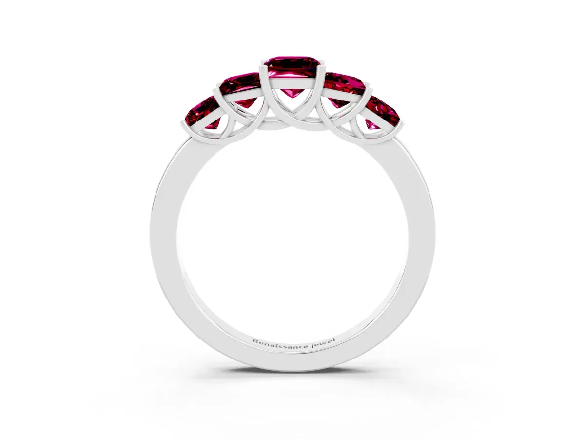 Princess Cut Five-Stone Garnet Ring with Classic Prong Setting Platinum