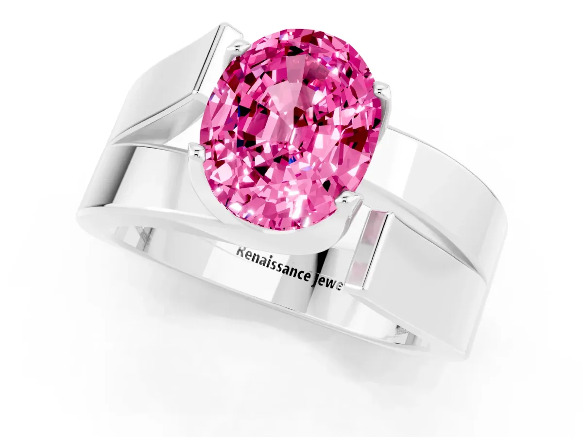 Modern Tension Set Oval Cut Pink Sapphire Solitaire Wide Band Ring Silver
