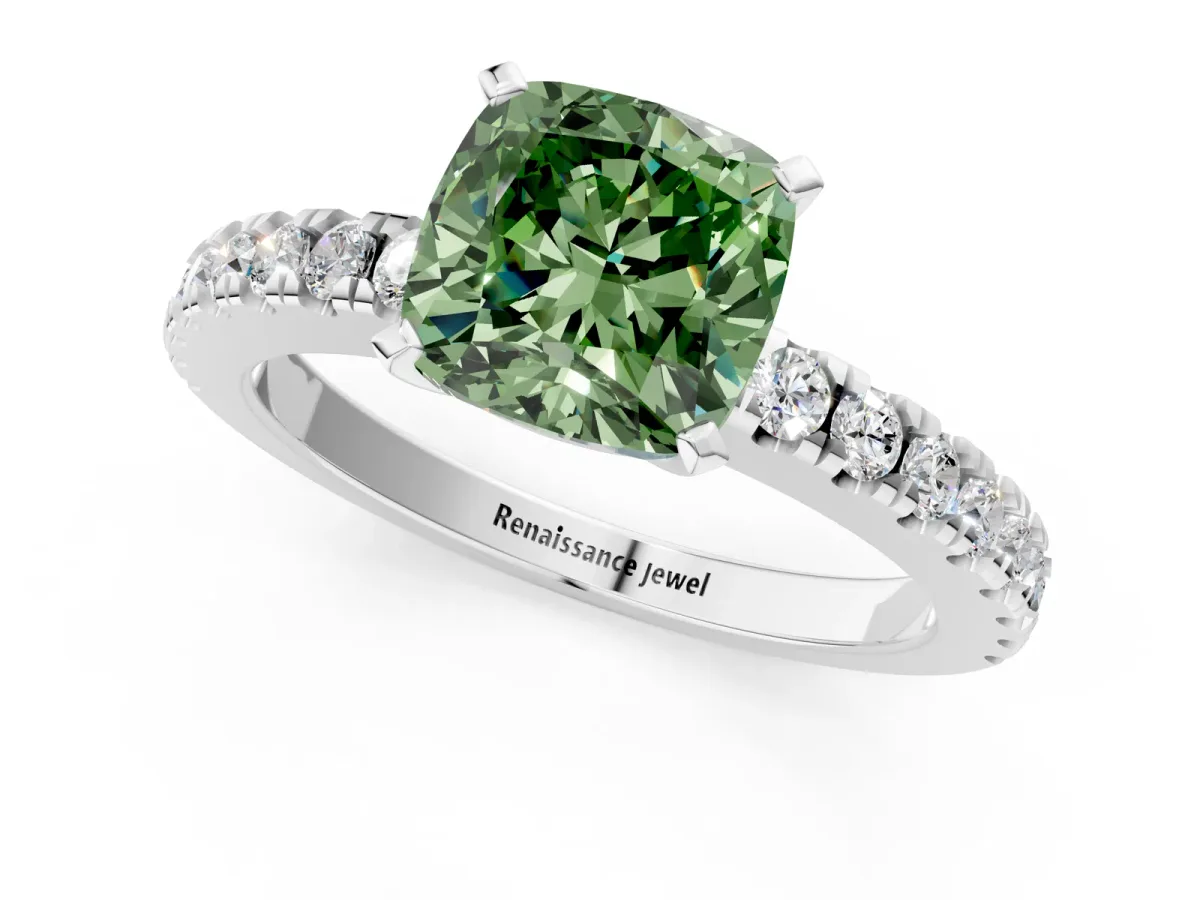 Fancy Green Cushion Cut Solitaire Diamond with Pavé Band and Four-Prong Setting Silver