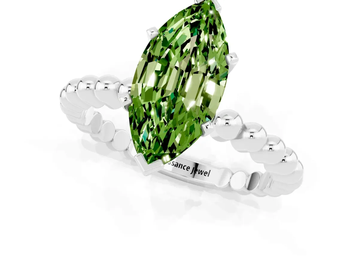 Marquise Cut Peridot Solitaire Ring with Beaded Band and Prong Setting Platinum