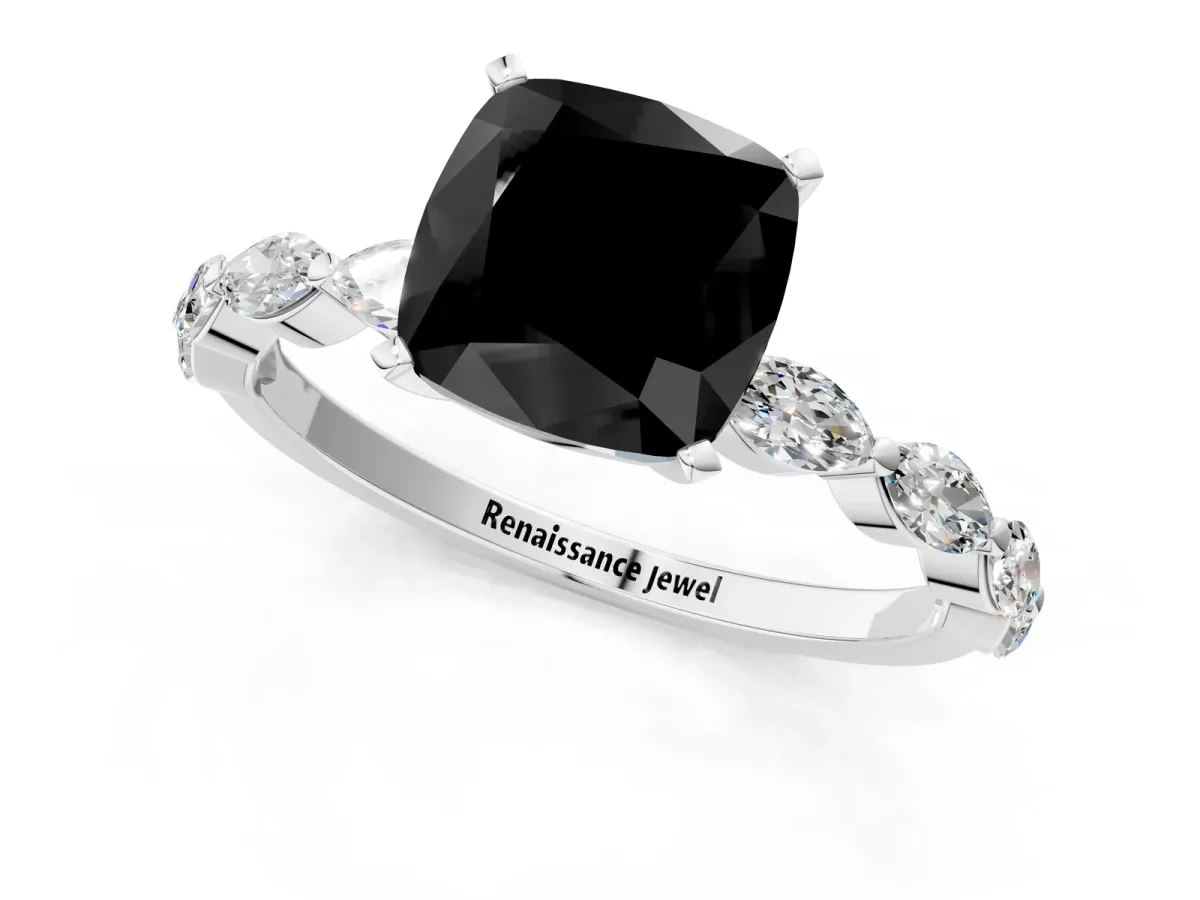 Fancy Black Cushion Cut Diamond Ring with Marquise Side Stones and Prong Setting Platinum