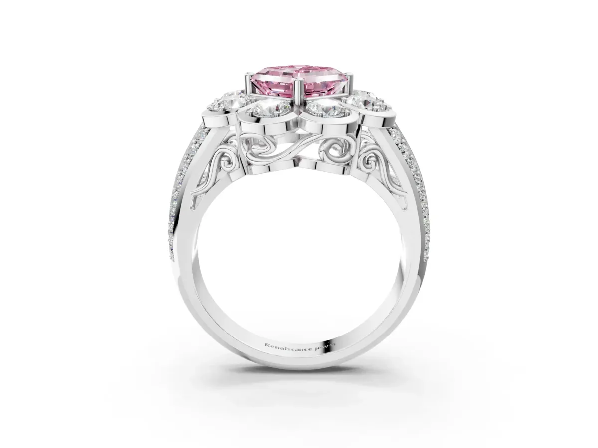 Fancy Pink Asscher Cut Brilliant Flower Halo Diamond Split Shank Ring Platinum