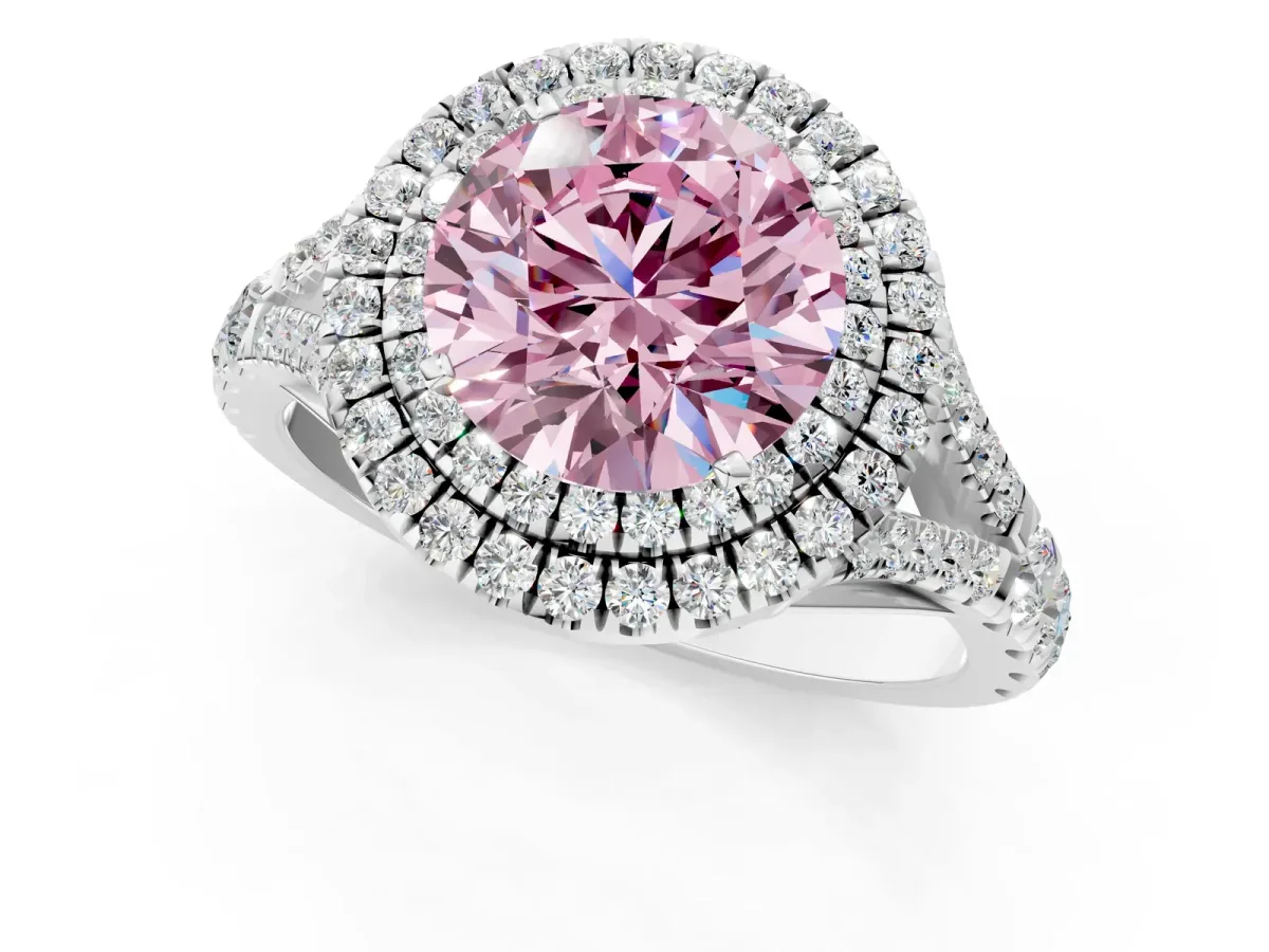 Fancy Pink Double Halo Round Cut Diamond Split Shank Engagement Ring with Four-Prong Setting White gold