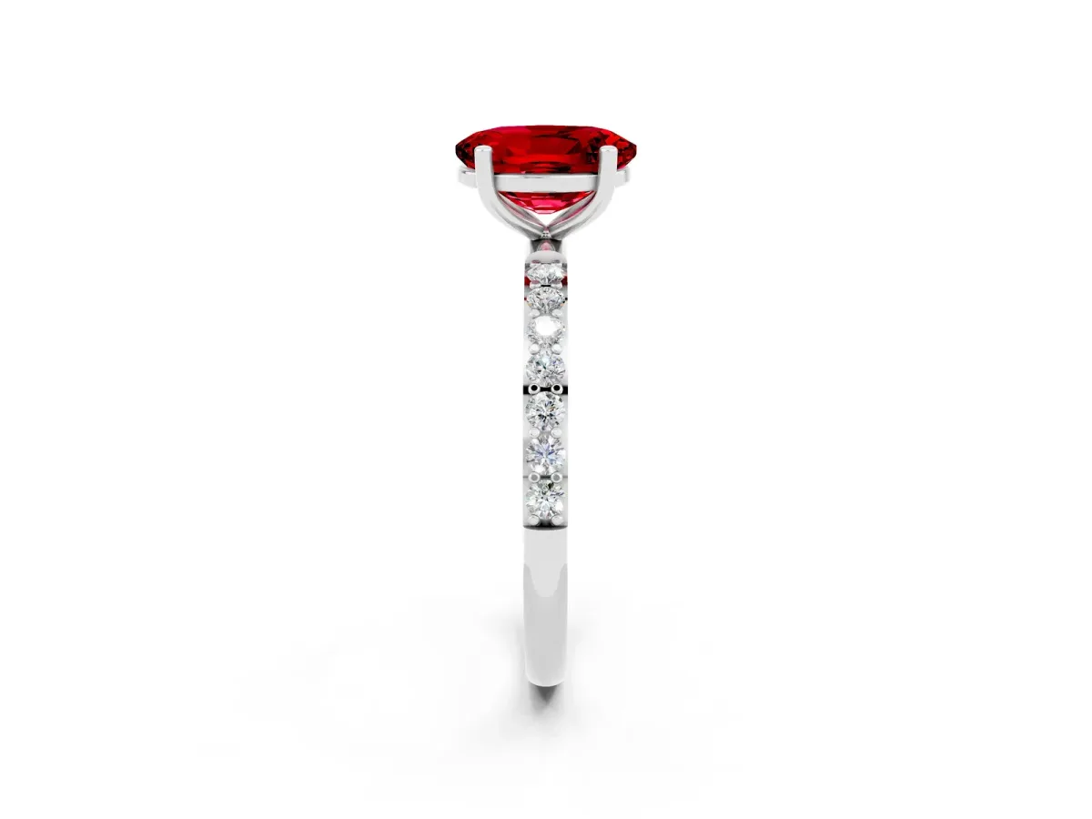 Oval Cut Ruby Solitaire Ring with Round Pavé Band and Prong Setting Platinum