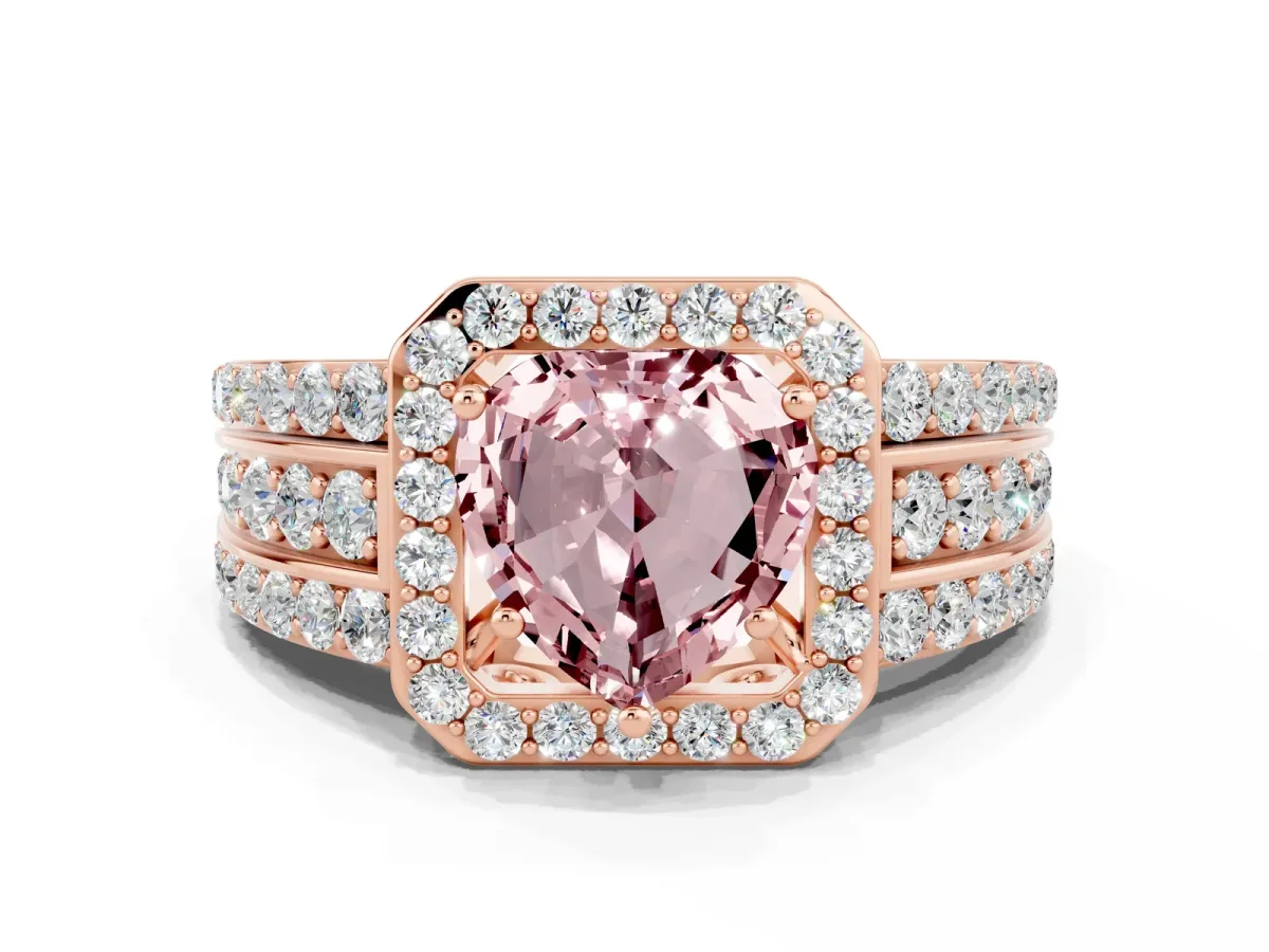 Heart Cut Halo Morganite Ring with Round Split Shank and Prong Setting Rose gold