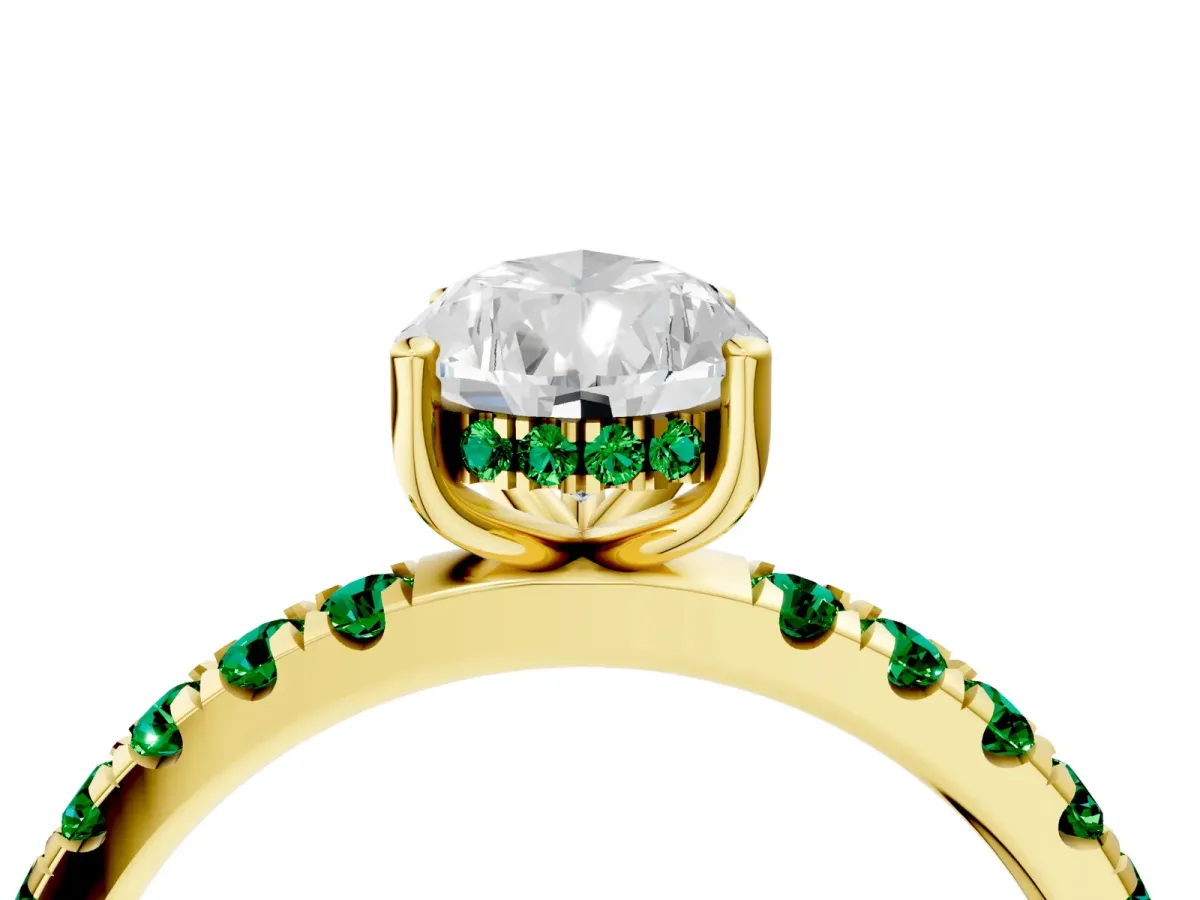 Pear Cut Diamond Pave Band Solitaire Ring with Round Emerald and Prong Setting Yellow gold